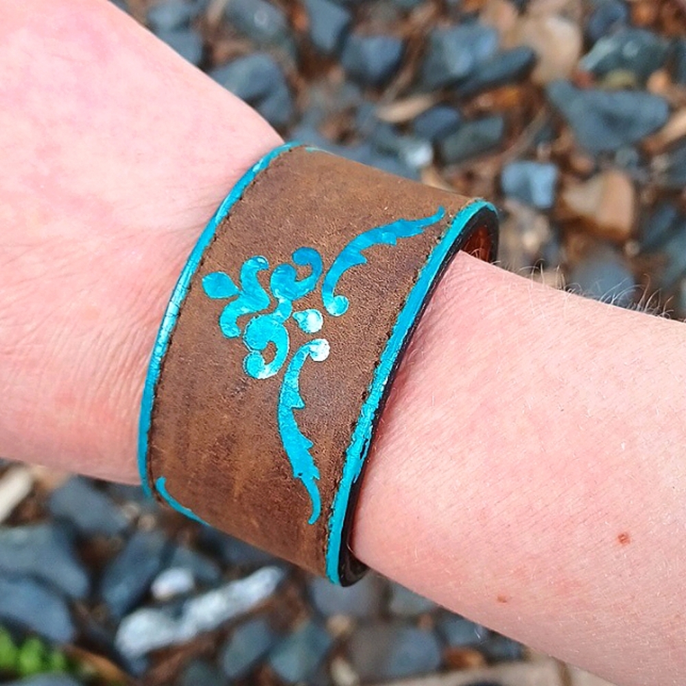 One Of A Kind Upcycled Handmade Hand Painted Western Filigree Leather Bracelet